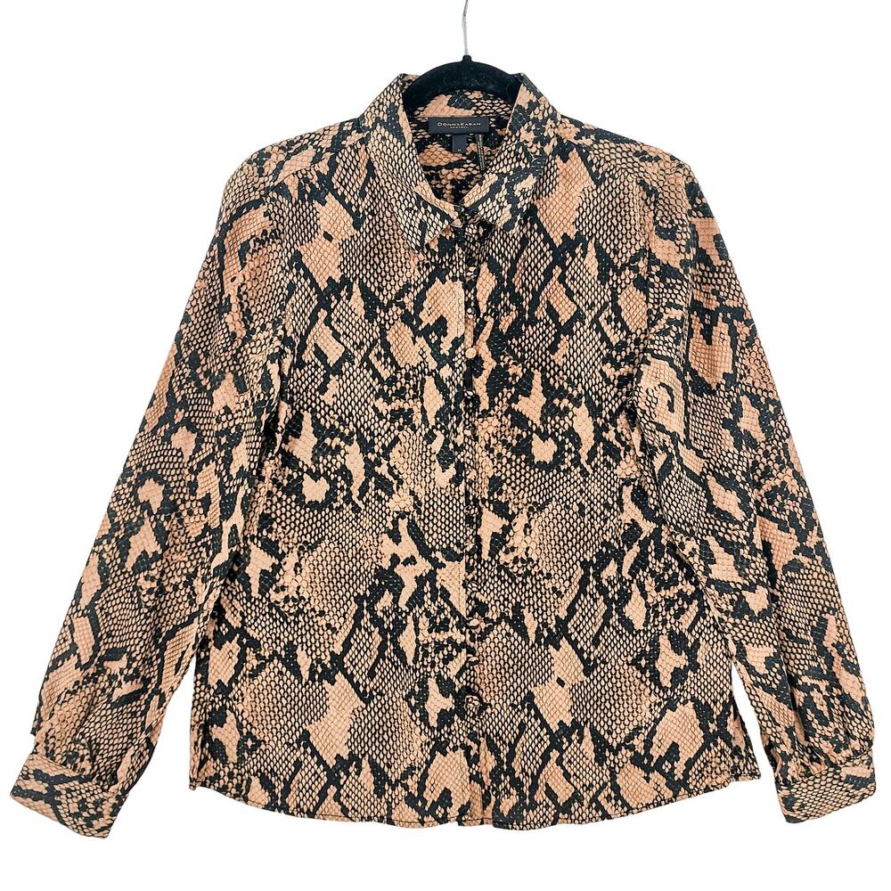 Donna Karan Women's Blouse Button up Top Size Med Snake Animal Print Long Sleeve